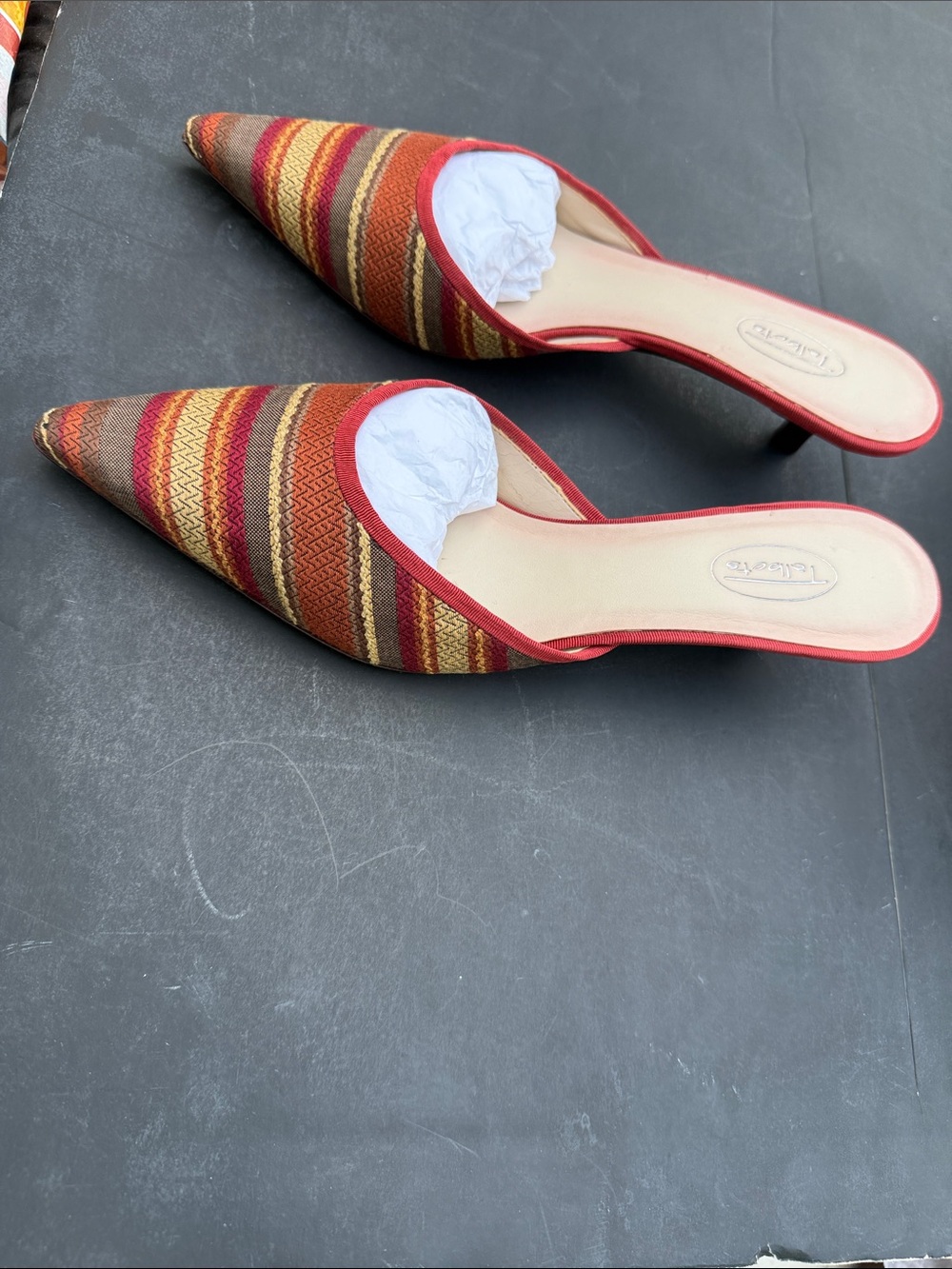 Talbots Striped Pointed Mule Slides in Red, Brown and Gold Tones - Picture 2 of 5